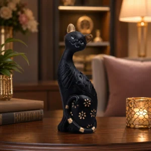 Black Cat Decorative Showpiece Statue made of polyresin displayed on a luxury wooden table in a modern living room, elegant home décor accent for shelves, offices, and gifting.