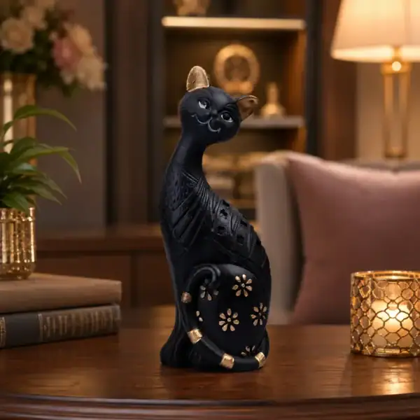 Black Cat Decorative Showpiece Statue made of polyresin displayed on a luxury wooden table in a modern living room, elegant home décor accent for shelves, offices, and gifting.