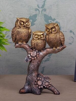 Artistic Golden Owl Statue Family | 3 Piece Decorative Owl Set for Home