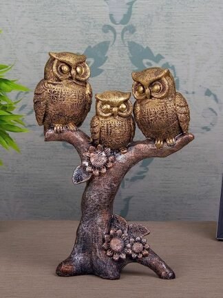 Artistic Golden Owl Statue Family | 3 Piece Decorative Owl Set for Home