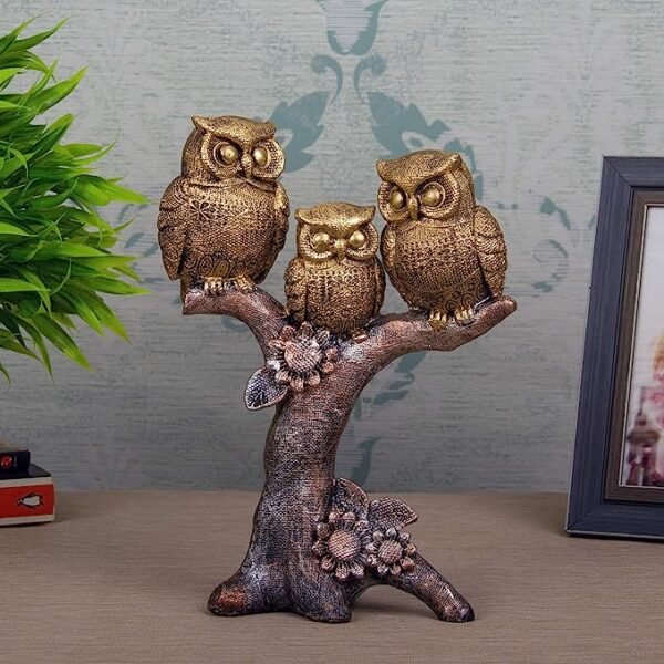 Artistic Golden Owl Statue Family | 3 Piece Decorative Owl Set for Home