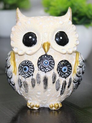Resin Evil Eye Nazarbattu Owl Showpiece for Good Luck | Home Décor & Vastu (Off White, 10.5 cm)