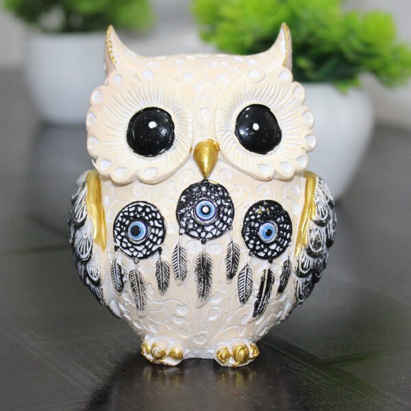 Resin Evil Eye Nazarbattu Owl Showpiece for Good Luck | Home Décor & Vastu (Off White, 10.5 cm)