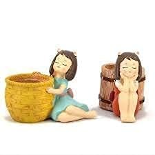 Rinsely Cute Girl with Basket Resin Planter Pots | Decorative Succulent Flower Pot Combo for Tabletop (Set of 2)