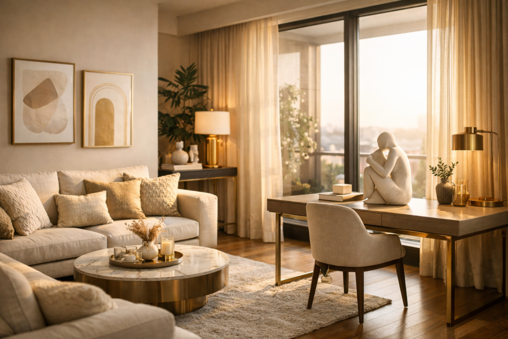 Modern bronze figurative sculpture acting as a focal point on a living room mantel. Example of investing in timeless home decor statues to enhance room depth and personal expression.