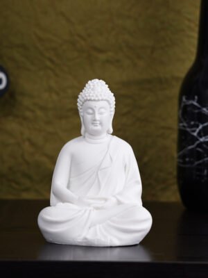 Premium White Polymarble Buddha Statue Front View | Dhyan Buddha Idol for Home & Office Decor