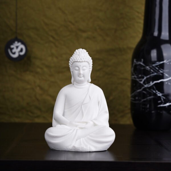 Premium White Polymarble Buddha Statue Front View | Dhyan Buddha Idol for Home & Office Decor