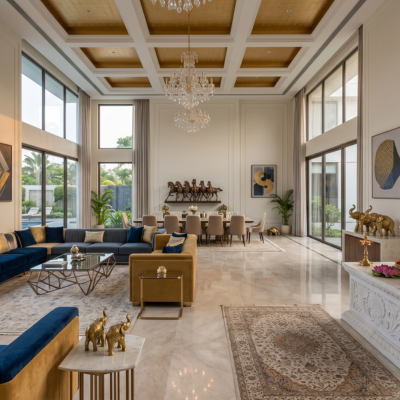 Luxury room with elegant Buddha statue placed in a calm corner, soft lighting, modern decor, and peaceful Vastu-inspired interior setting