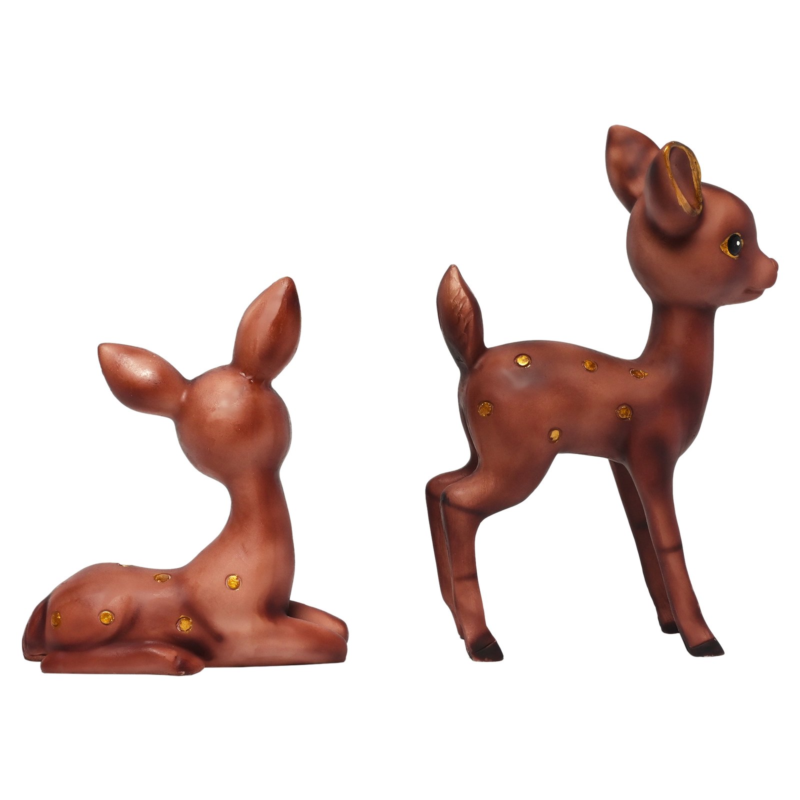 Brown baby deer couple statues used as decorative ornaments in a modern living room.