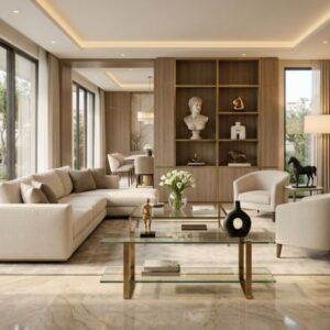 Modern luxury living room featuring marble and metallic decorative statues with elegant interior design.