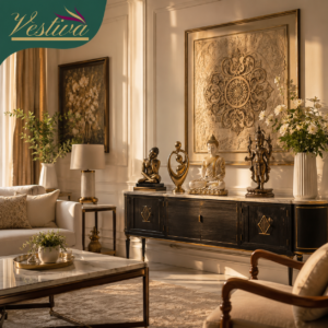 Luxury Indian living room with premium home decor statues, artistic figurines, elegant console table, warm golden lighting, and sophisticated interior design by Vestiva.