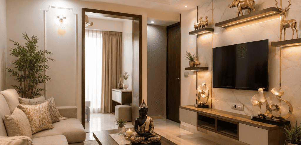 Modern elegant living room with Buddha idol, golden elephant and deer figurines, abstract resin sculptures, warm lighting, and luxury minimalist Indian interior design.