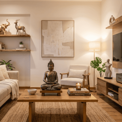 Modern luxury Indian living room with Buddha idol, golden animal figurines, abstract resin décor, floating shelves, wooden coffee table, and warm minimalist interior lighting.