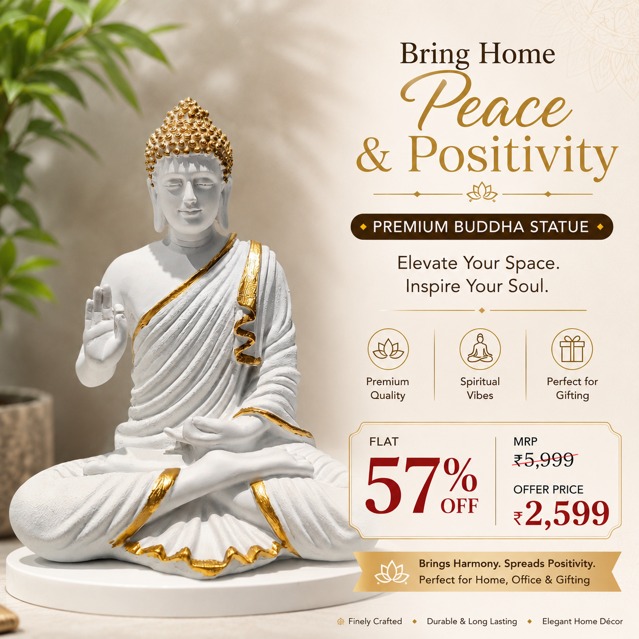Premium White and Gold Blessing Buddha Statue for Home Decor