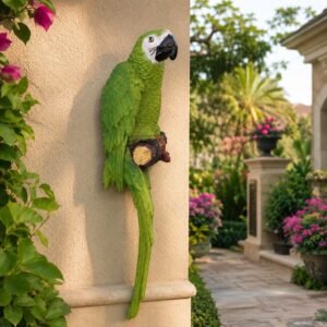 Macaw parrot wall mounted resin decor front view showing detailed craftsmanship