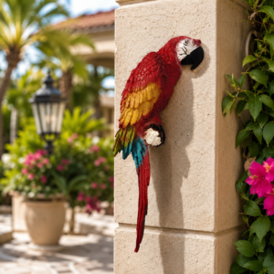 Vibrant multicolor resin macaw parrot wall mounting statue front view perched on branch.