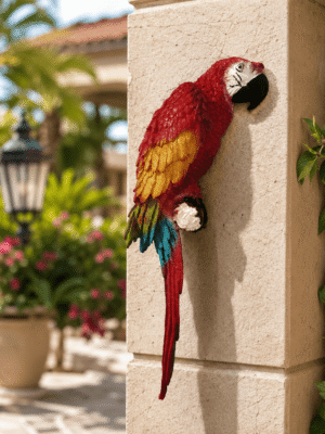 Vibrant multicolor resin macaw parrot wall mounting statue front view perched on branch.
