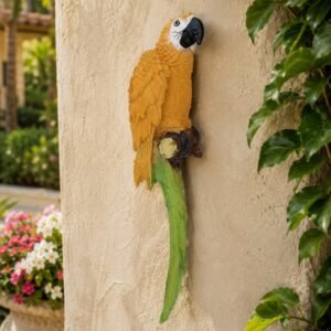 Tropical scarlet macaw wall sculpture front view multi-color parrot garden statue polyresin