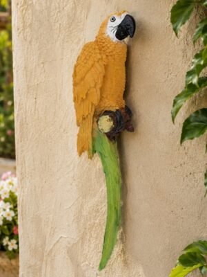 Tropical scarlet macaw wall sculpture front view multi-color parrot garden statue polyresin