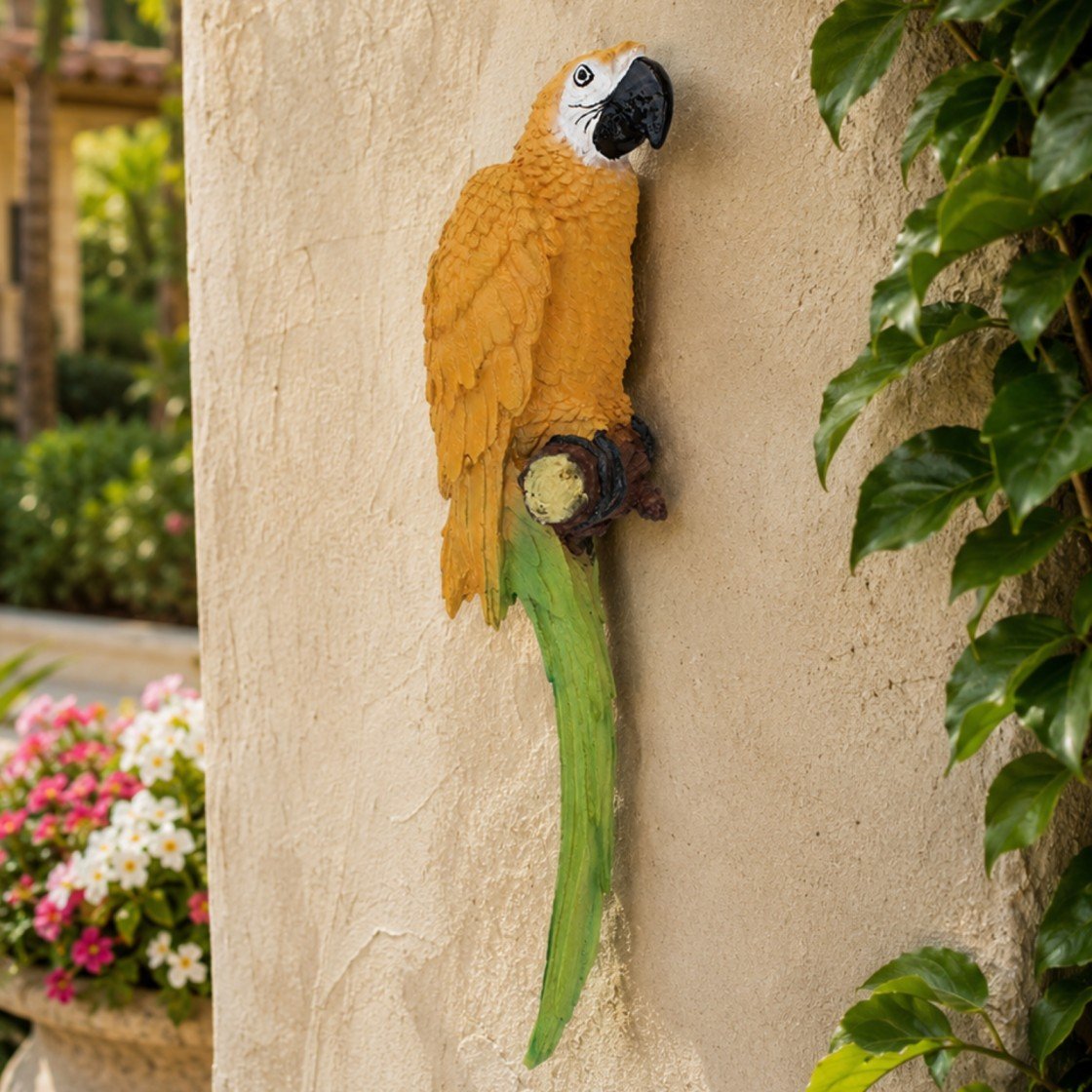 Tropical scarlet macaw wall sculpture front view multi-color parrot garden statue polyresin