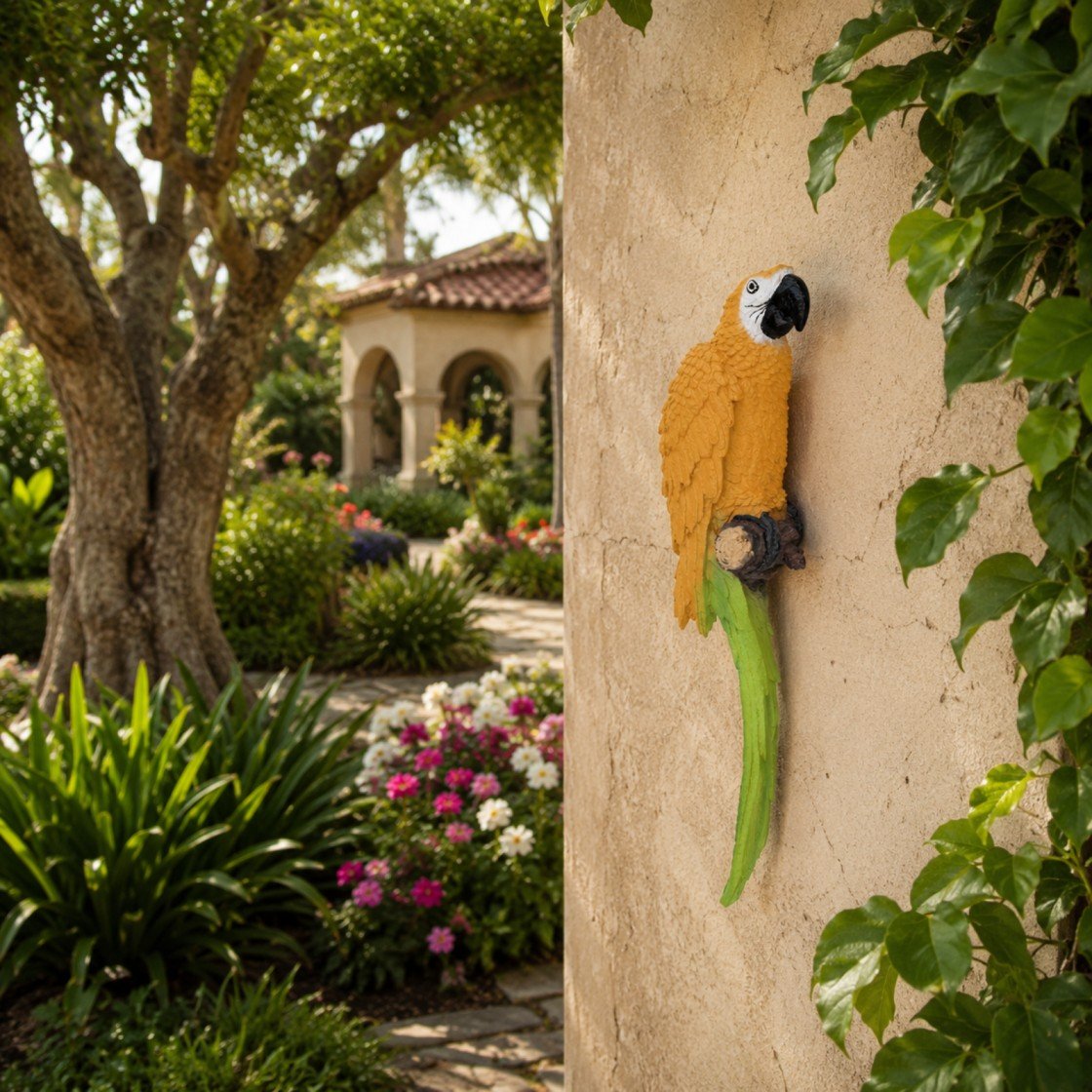 Tropical scarlet macaw wall sculpture mounted on garden wall balcony decoration idea.