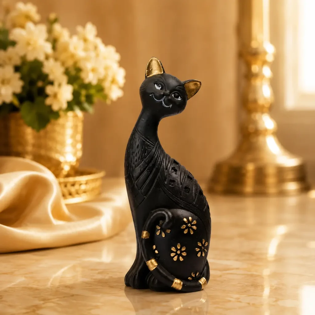 Black cat resin showpiece with gold accents for modern home and office decor.