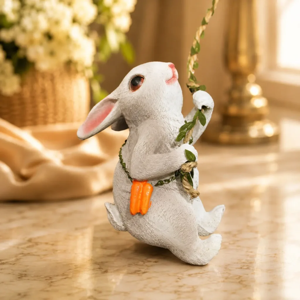 Cute climbing rabbit resin figurine with carrots for garden and home decoration.