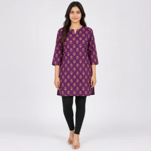 Women's Purple Floral Printed Cotton Short Kurti Front View – Split V-Neck, 3/4 Sleeves and Straight Fit for Casual & Office Wear