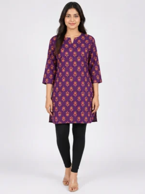 Women's Purple Floral Printed Cotton Short Kurti Front View – Split V-Neck, 3/4 Sleeves and Straight Fit for Casual & Office Wear