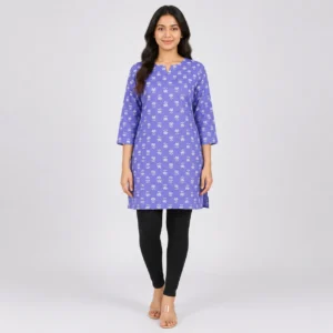 Full front view of a woman wearing a lavender blue floral printed cotton short kurti with black leggings