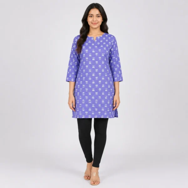 Full front view of a woman wearing a lavender blue floral printed cotton short kurti with black leggings