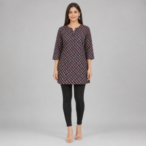 Women's Navy Blue Floral Printed Cotton Straight Kurti Front View – Soft Breathable Cotton Fabric with Elegant Floral Print, 3/4 Sleeves and Stylish Notch Neck for Casual, Office & Daily Wear