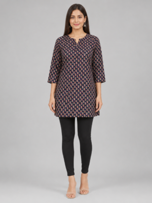 Women's Navy Blue Floral Printed Cotton Straight Kurti Front View – Soft Breathable Cotton Fabric with Elegant Floral Print, 3/4 Sleeves and Stylish Notch Neck for Casual, Office & Daily Wear