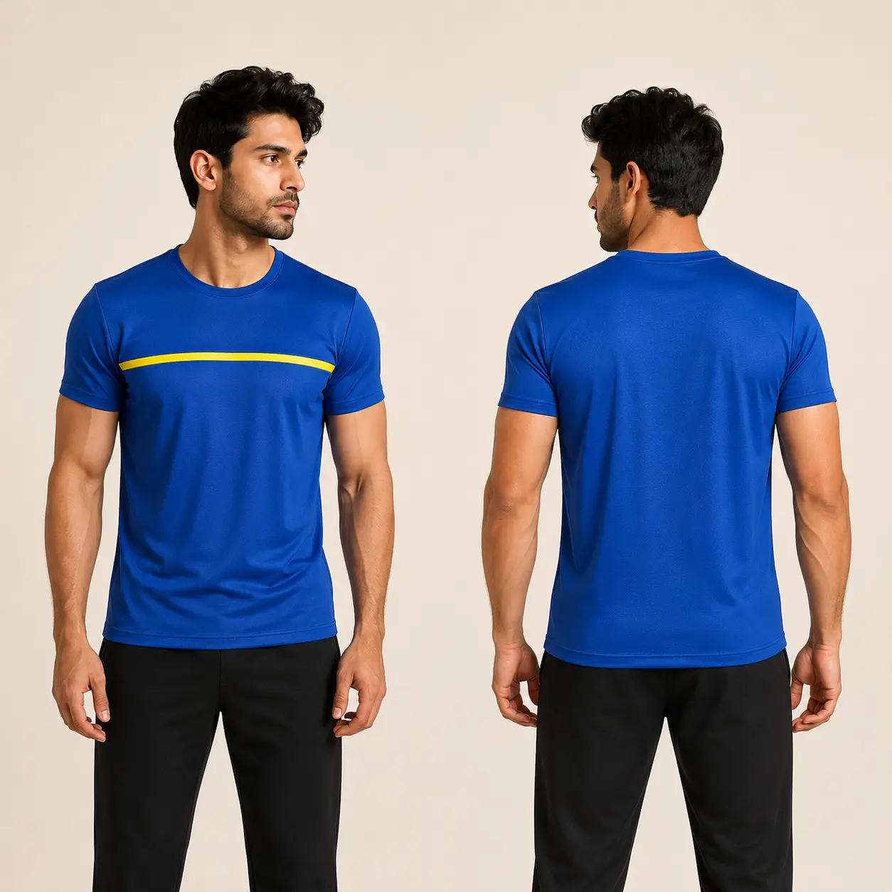 Front and Back View of Men Royal Blue Polyester Sports T-Shirt with Yellow Chest Stripe, Regular Fit, Round Neck, Half Sleeves, Lightweight Breathable Quick Dry Fabric for Gym, Running, Workout and Casual Daily Wear by Voniva Fashion