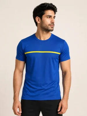 Men Royal Blue Polyester Sports T-Shirt Front View with Yellow Chest Stripe, Regular Fit Round Neck Half Sleeve Lightweight Breathable Activewear for Gym, Running and Casual Wear by Voniva Fashion