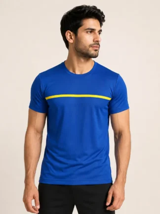 Men Royal Blue Polyester Sports T-Shirt Front View with Yellow Chest Stripe, Regular Fit Round Neck Half Sleeve Lightweight Breathable Activewear for Gym, Running and Casual Wear by Voniva Fashion