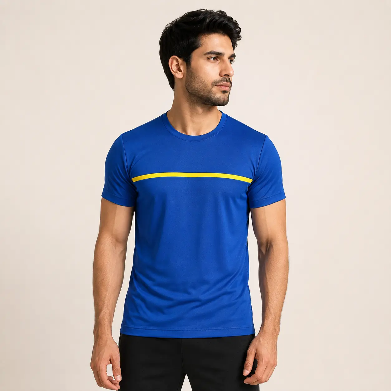 Men Royal Blue Polyester Sports T-Shirt Front View with Yellow Chest Stripe, Regular Fit Round Neck Half Sleeve Lightweight Breathable Activewear for Gym, Running and Casual Wear by Voniva Fashion