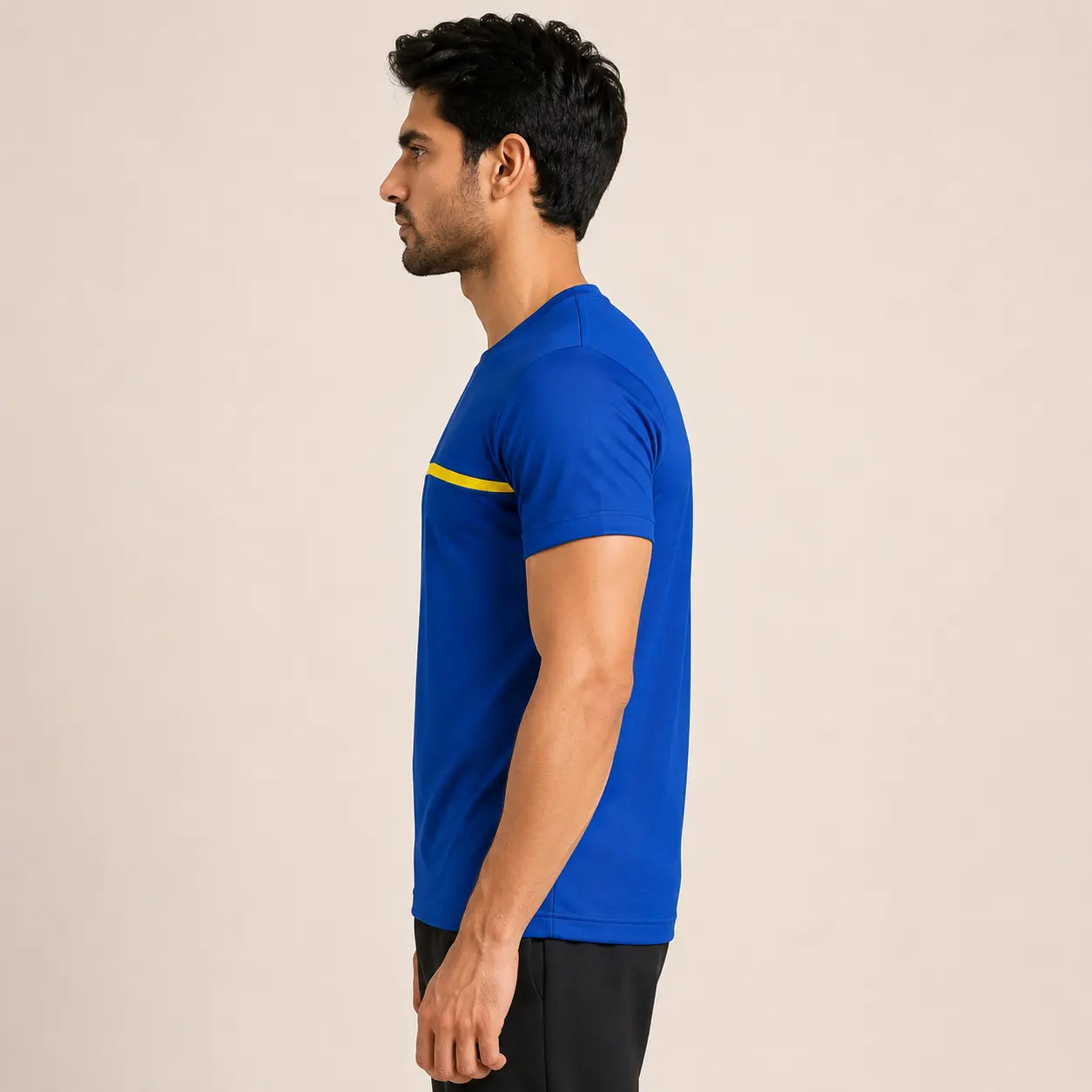 Left Side View of Men Royal Blue Polyester Sports T-Shirt with Regular Fit, Soft Polyester Fabric, Athletic Style and Comfortable Casual Sportswear by Voniva Fashion