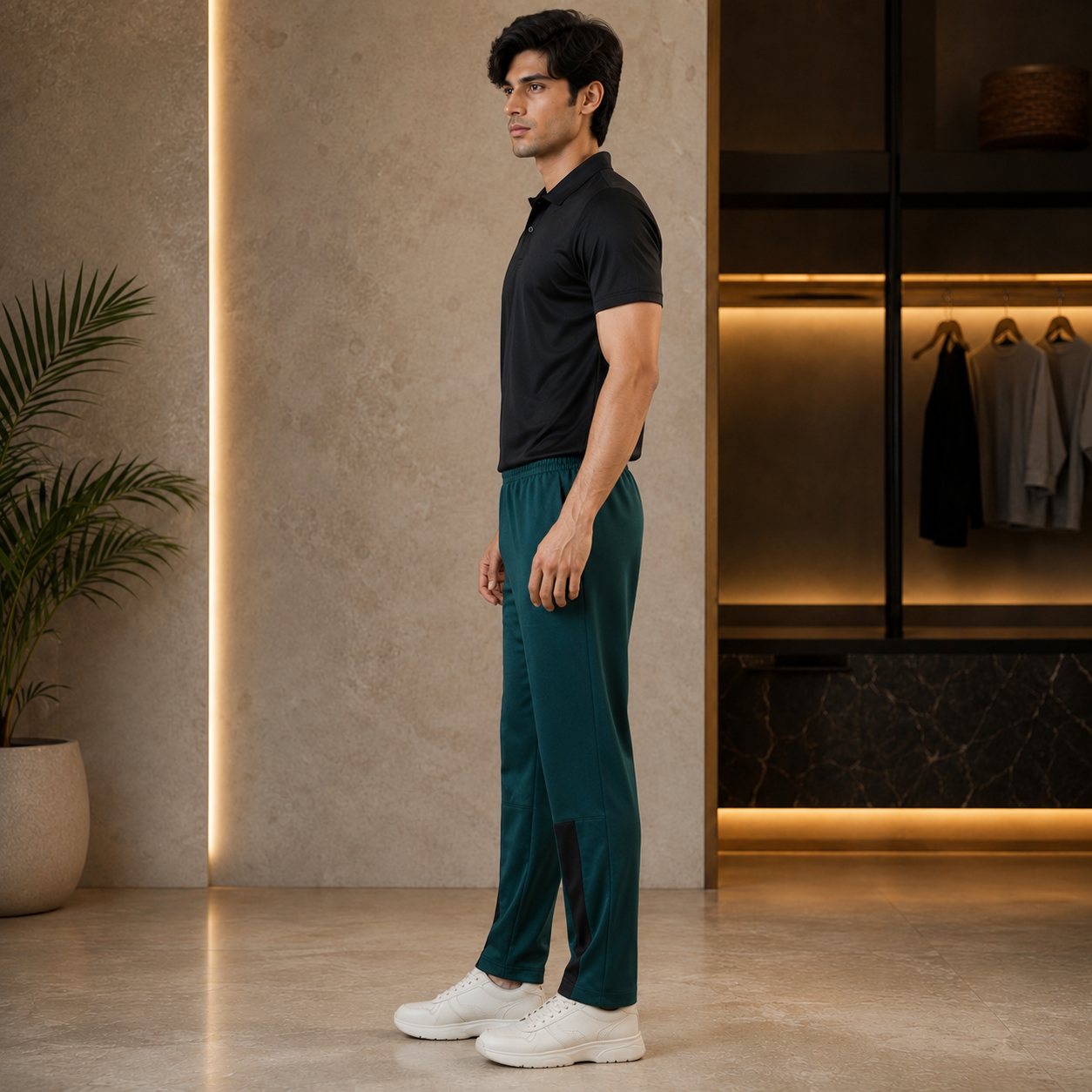 Men's Dark Green 4-Way Stretch Sports Track Pants Side View | Regular Fit Activewear Lower