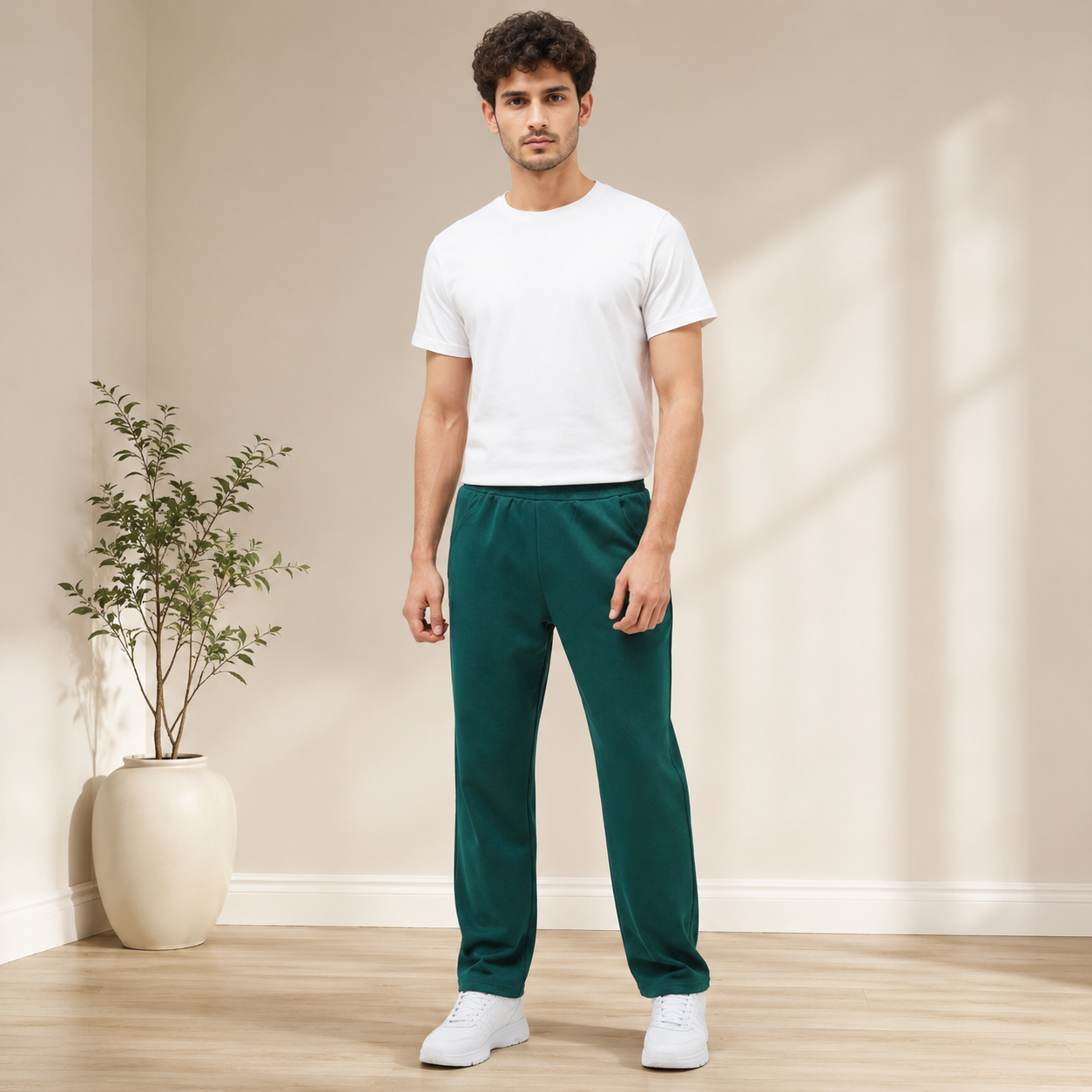 Men Stretch Green Track Pants Front View – Comfortable Everyday Lowers