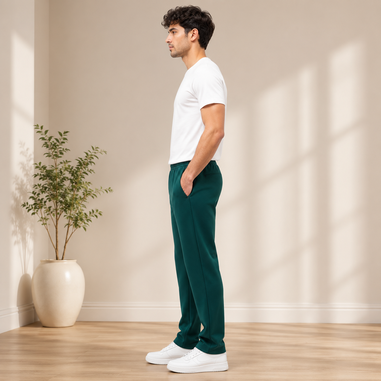 Men Stretch Green Track Pants Side View with Premium Stretch Fabric, Regular Fit, Elastic Waistband, Side Pockets and Comfortable Everyday Lower by Voniva Fashion