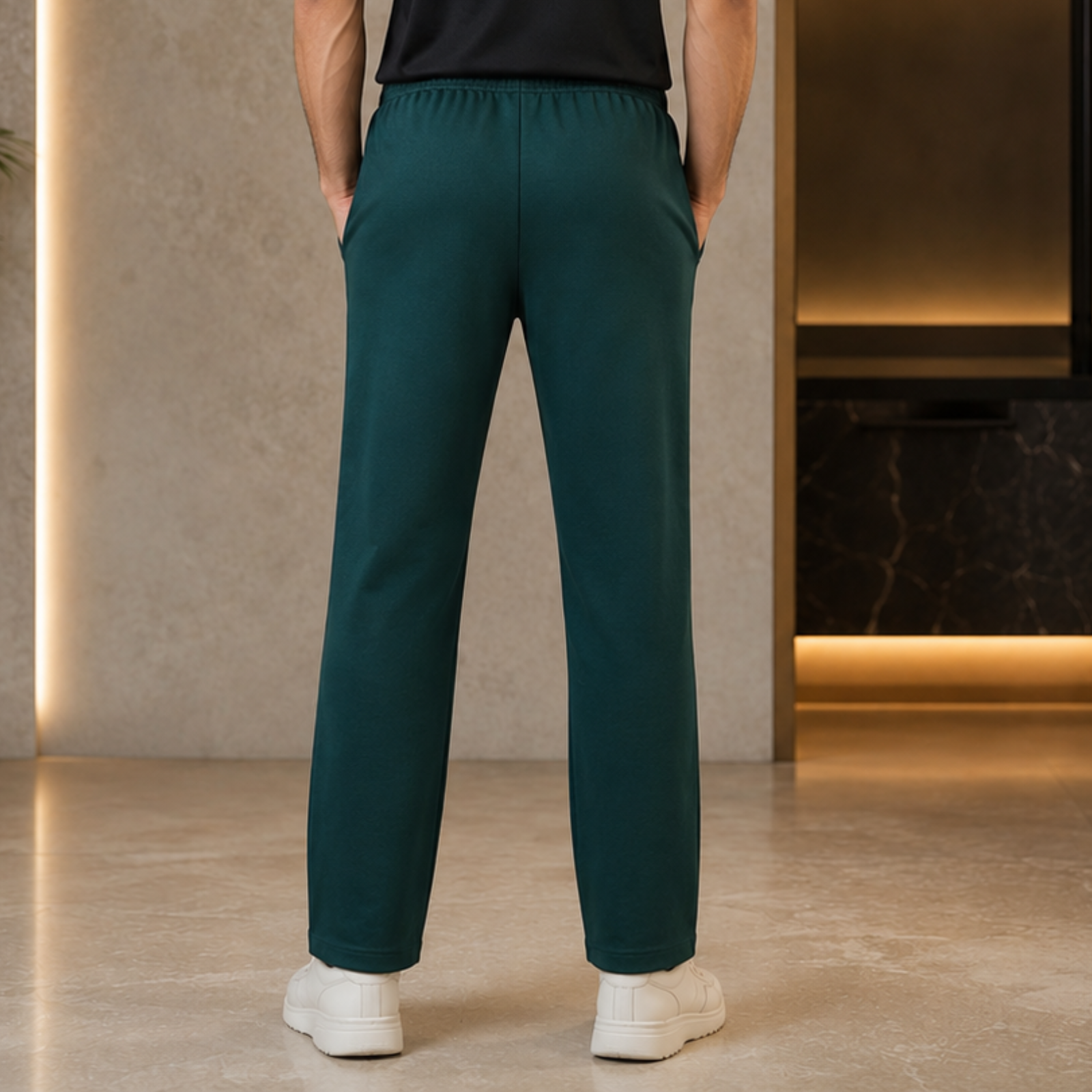 Men's Dark Green 4-Way Stretch Sports Track Pants Back View | Regular Fit Activewear Lower