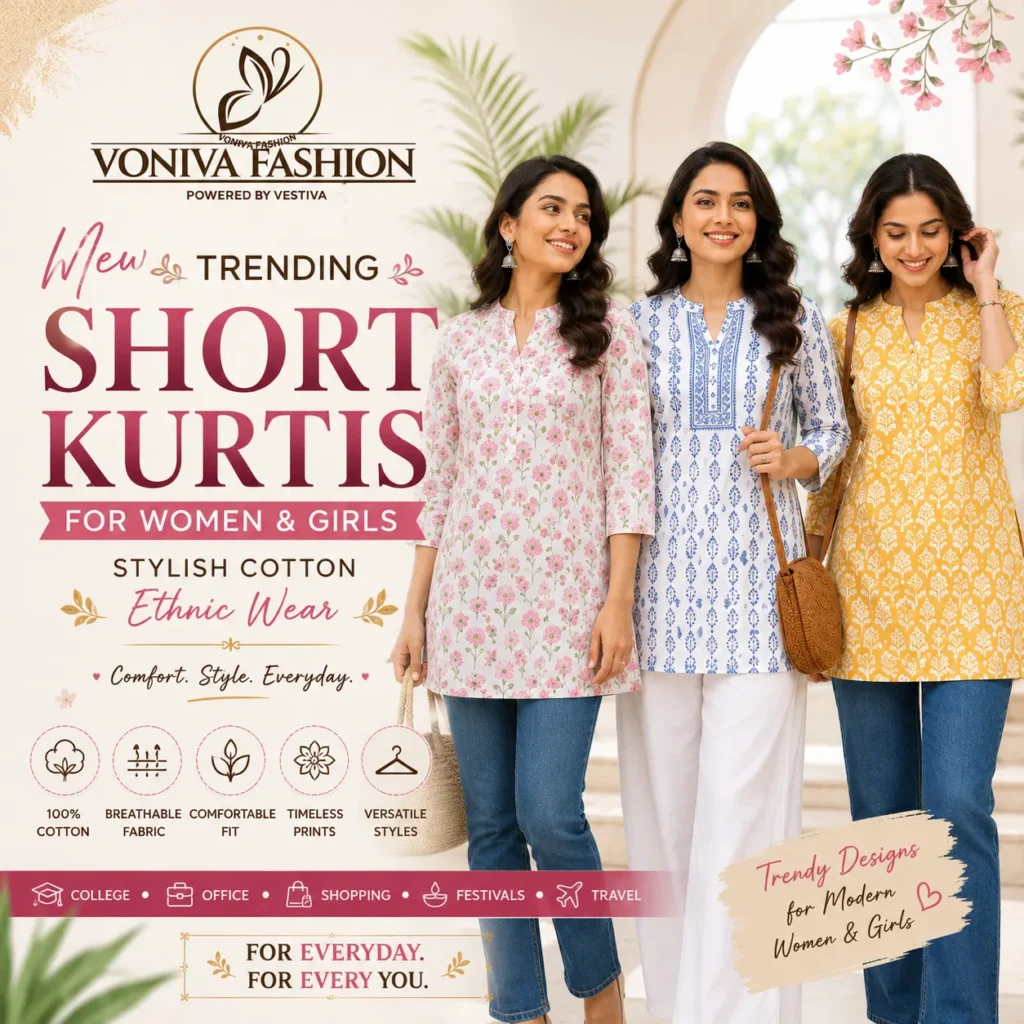 Women wearing stylish printed cotton short kurtis in trending ethnic designs by Voniva Fashion, suitable for college, office, casual outings, and everyday wear.