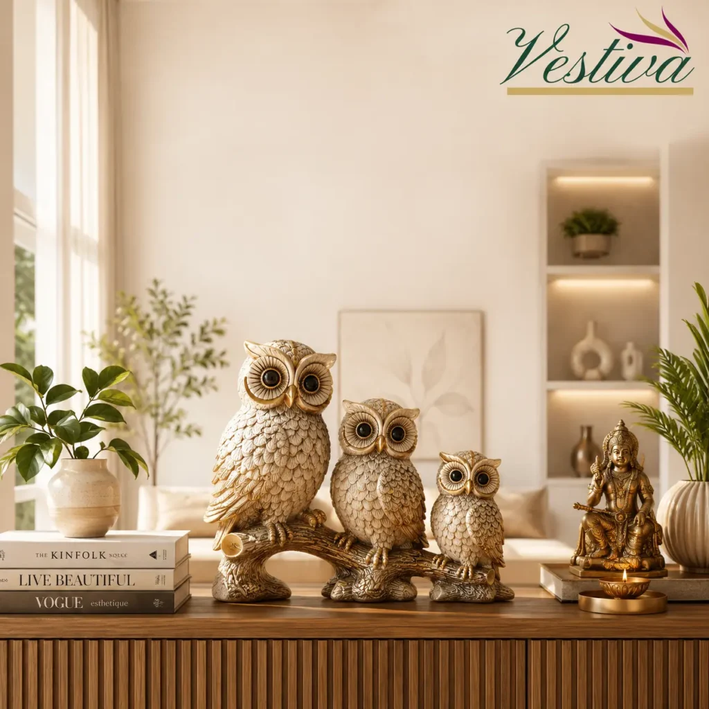 Elegant owl family showpiece for home decor placed on a wooden console table in a modern living room with Vastu-inspired placement ideas by Vestiva.