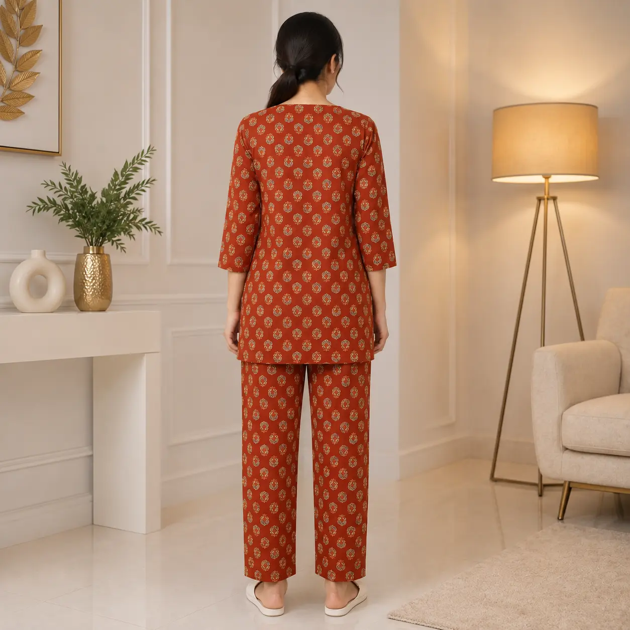 Women's Rust Orange Printed Cotton Co-ord Set Back View
