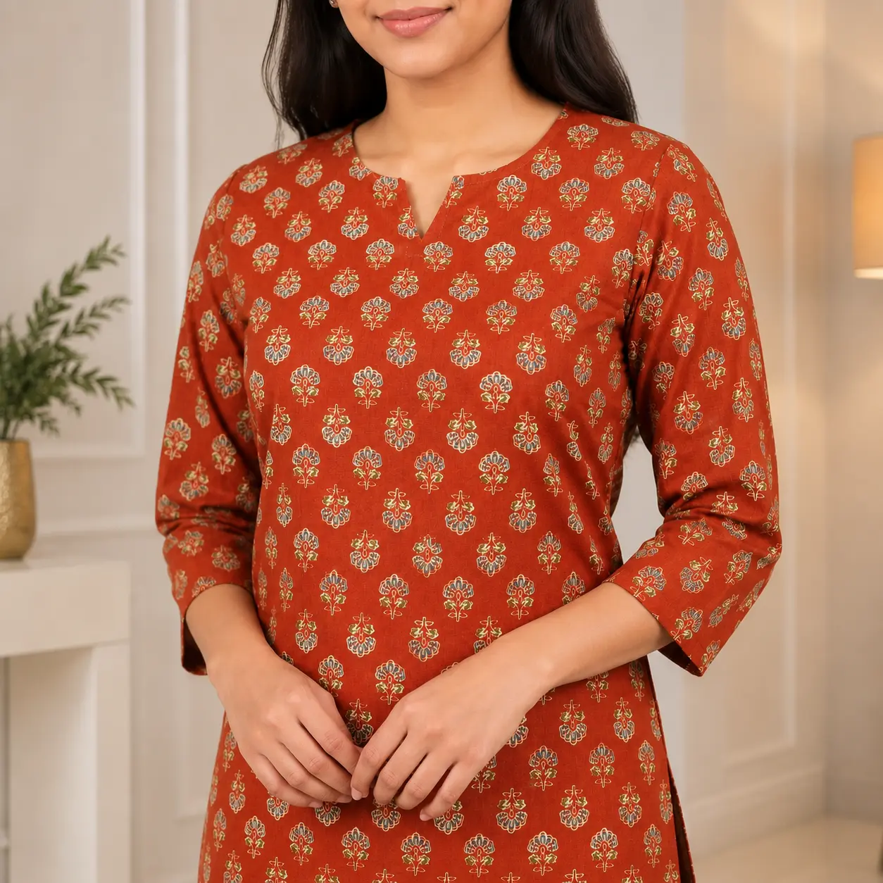 Close-up of Rust Orange Printed Cotton Co-ord Set Fabric and Neck Design
