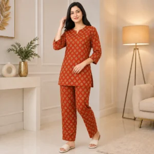 Women's Rust Orange Printed Cotton Co-ord Set Front View