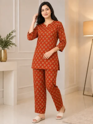 Women's Rust Orange Printed Cotton Co-ord Set Front View