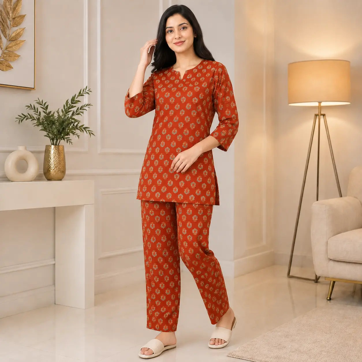 Women's Rust Orange Printed Cotton Co-ord Set Front View