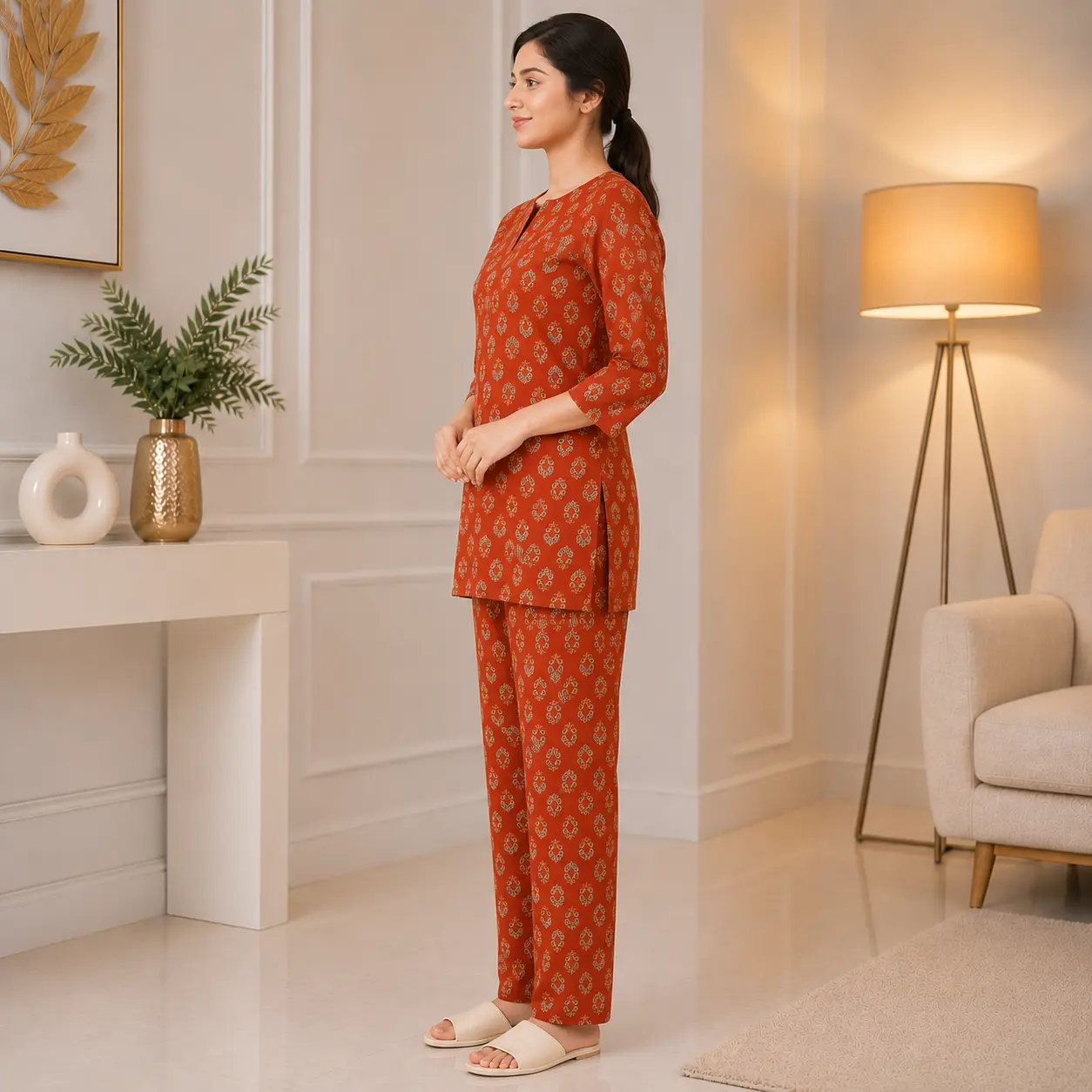 Rust Orange Printed Cotton Co-ord Set for Women - Image 3